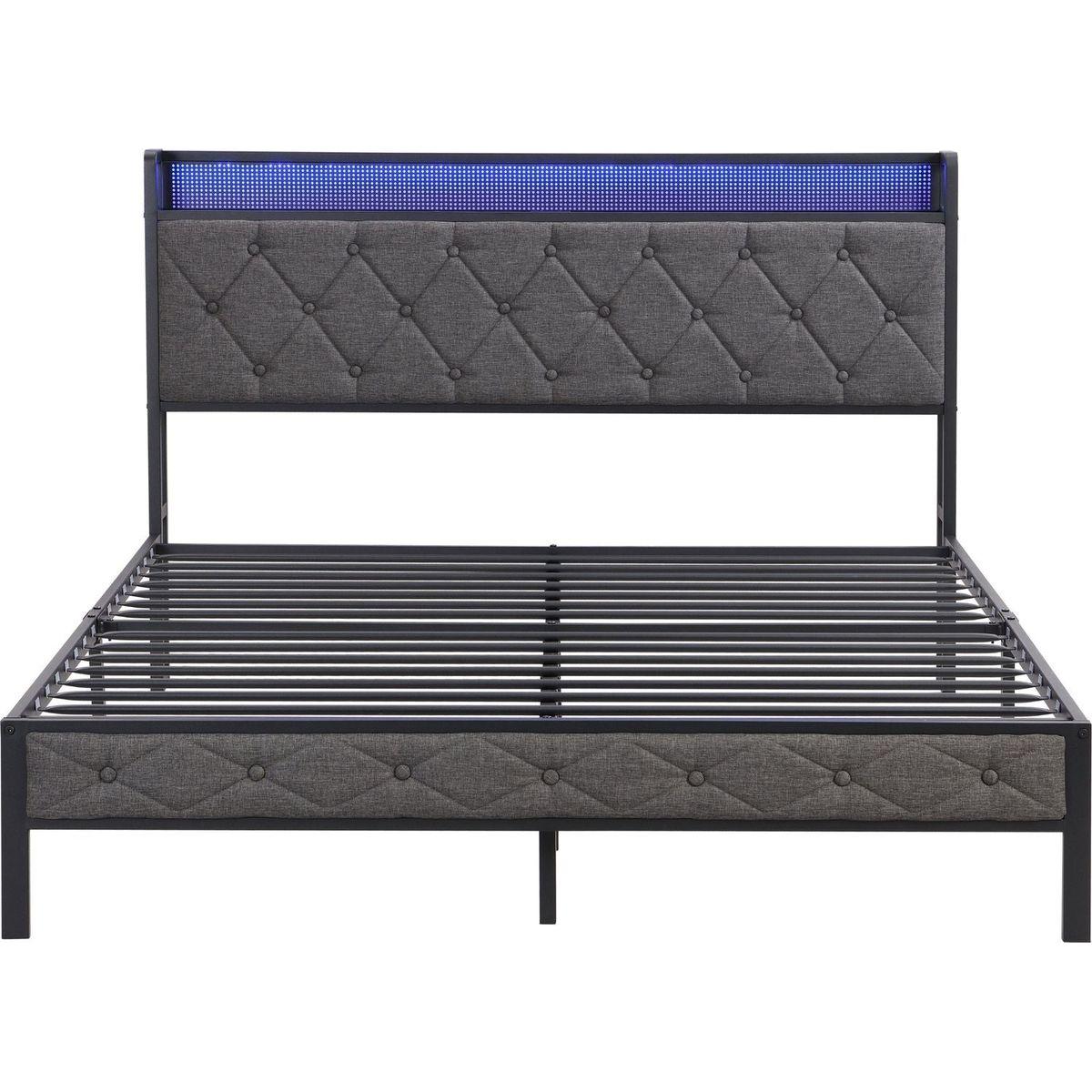 Queen Bed Frame with Storage Headboard, Charging Station and LED Lights, Upholstered Platform Bed with Heavy Metal Slats, No Box Spring Needed, Noise Free, Easy Assembly, Dark Gray