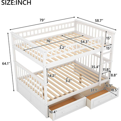Full over Full Bunk Bed with Drawers, Convertible Beds, White