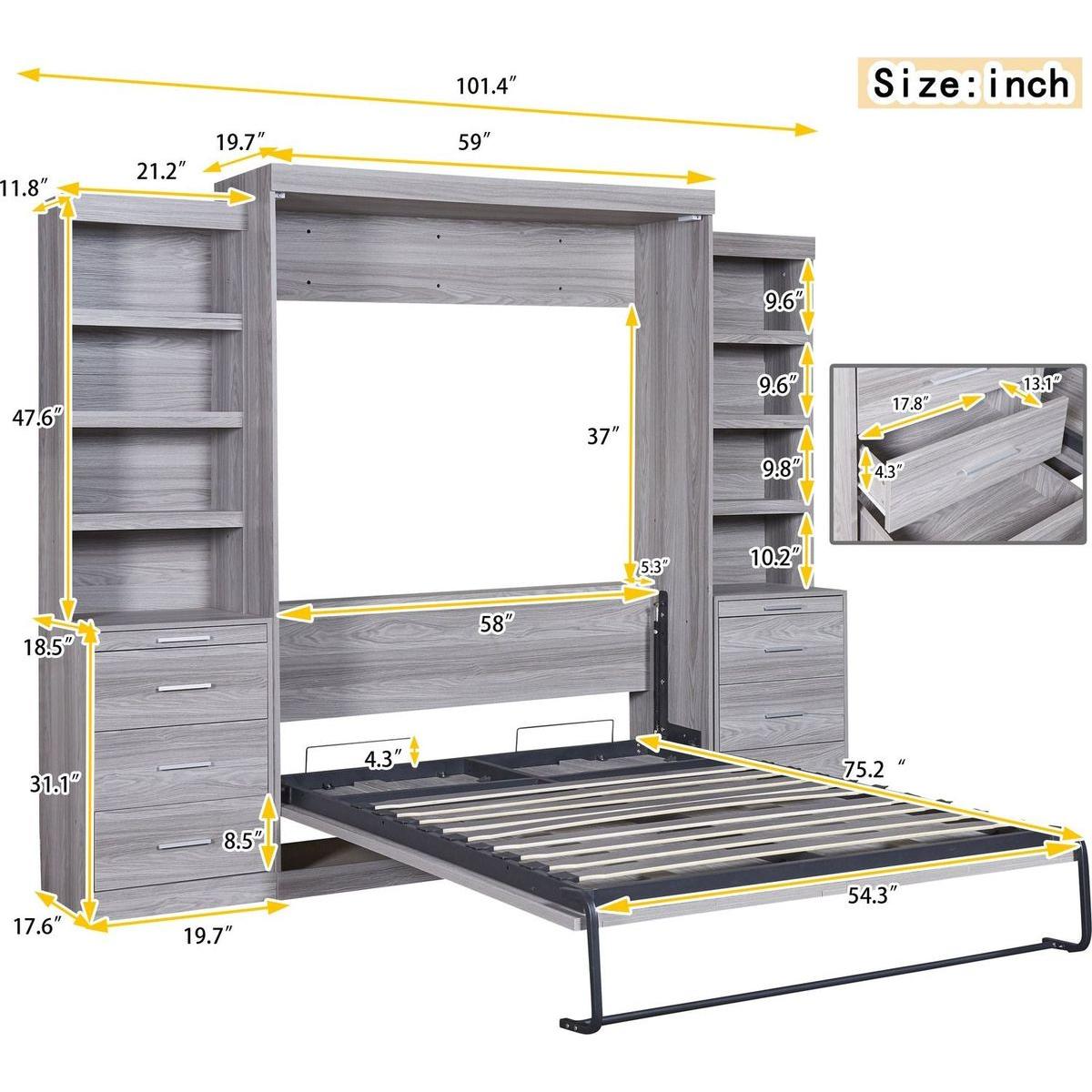 Full Size Murphy Bed with Storage Shelves and Drawers, Gray