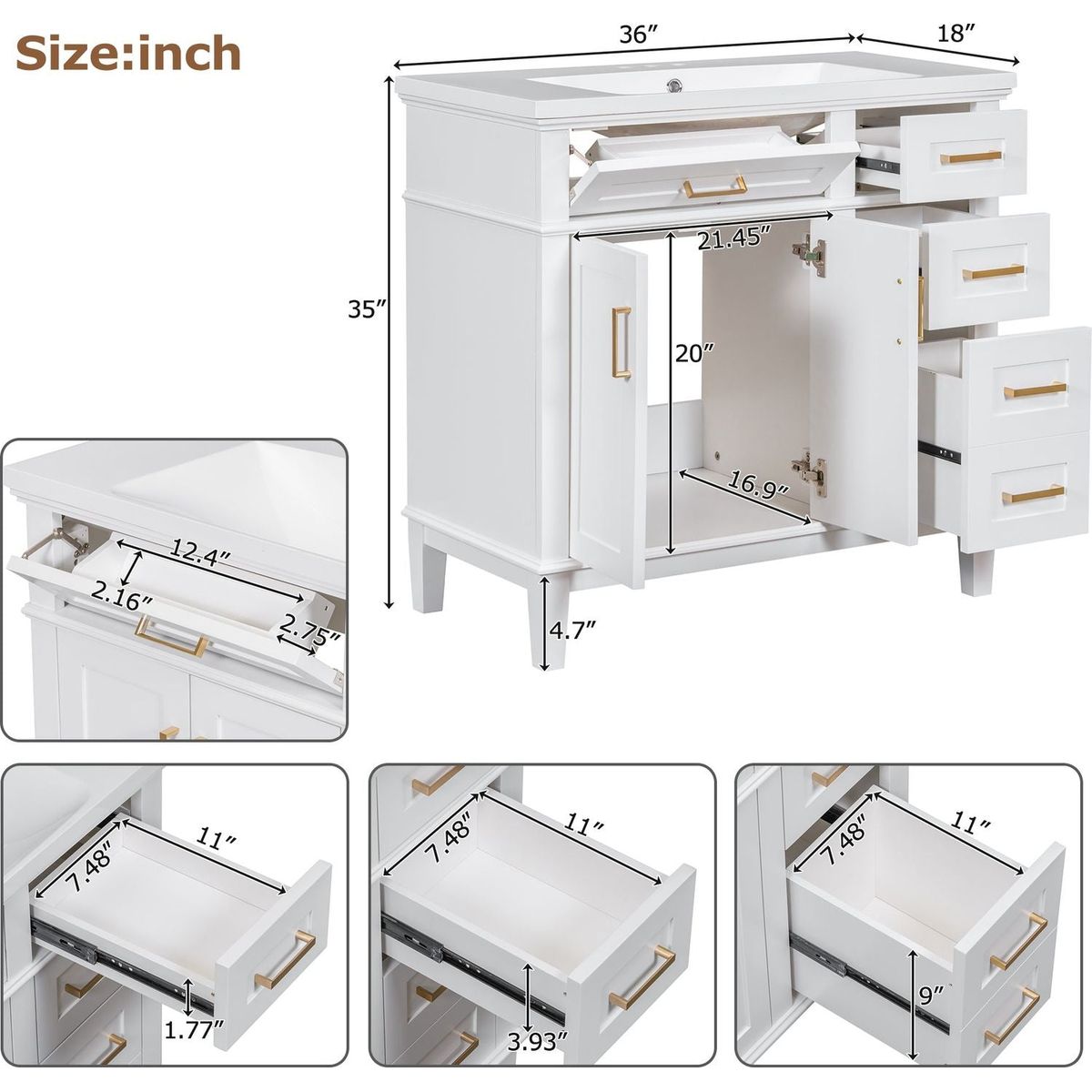 36-inch Bathroom Vanity with Resin Sink, Modern Bathroom Cabinet in White,Featuring Two Soft Close Doors and Four Drawers