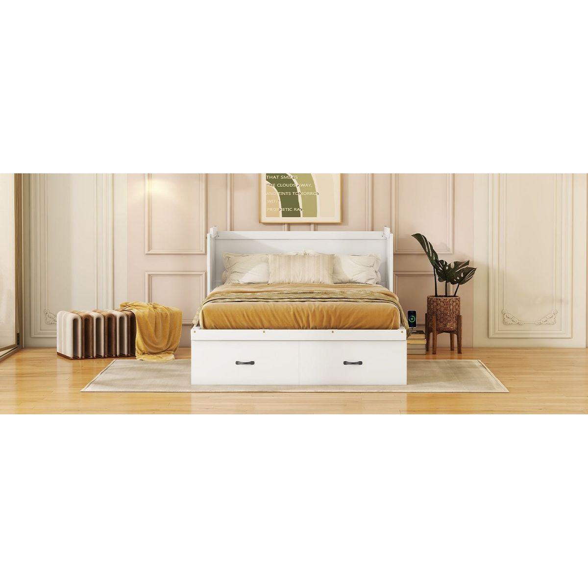 Full Size Murphy Bed with USB Port and a Large Drawer, White