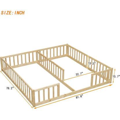 Double Twin Floor Bed with Fence, Guardrails, without door, Natural