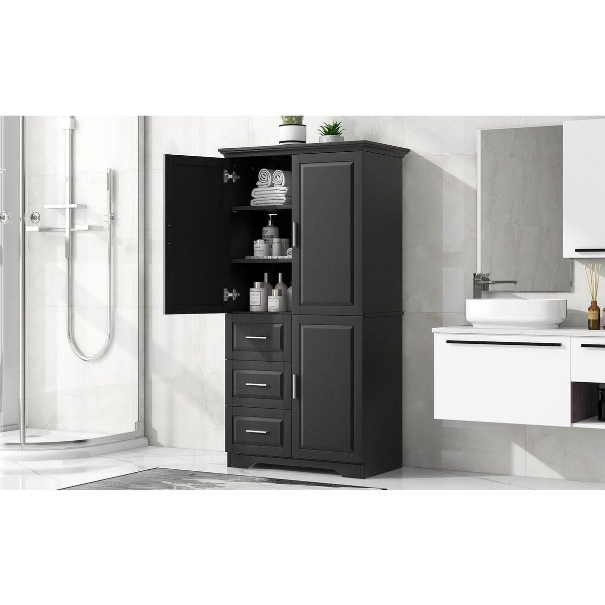 Tall and Wide Storage Cabinet with Doors for Bathroom/Office, Three Drawers, Black