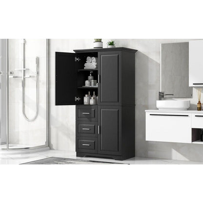 Tall and Wide Storage Cabinet with Doors for Bathroom/Office, Three Drawers, Black