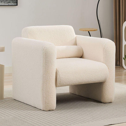 Modern Accent Chair Lambskin Sherpa Fabric Upholstered Comfy Reading Arm Chair Soft Padded Armchair with Back and Pillow for Living Room Bedroom Reception Waiting Room Office, Cream