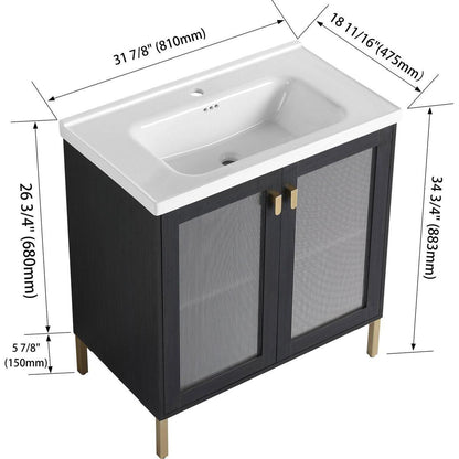 32Inch Freestanding Bathroom Vanity Plywood With Ceramic Sink, Soft Closing Door (KD-Package)