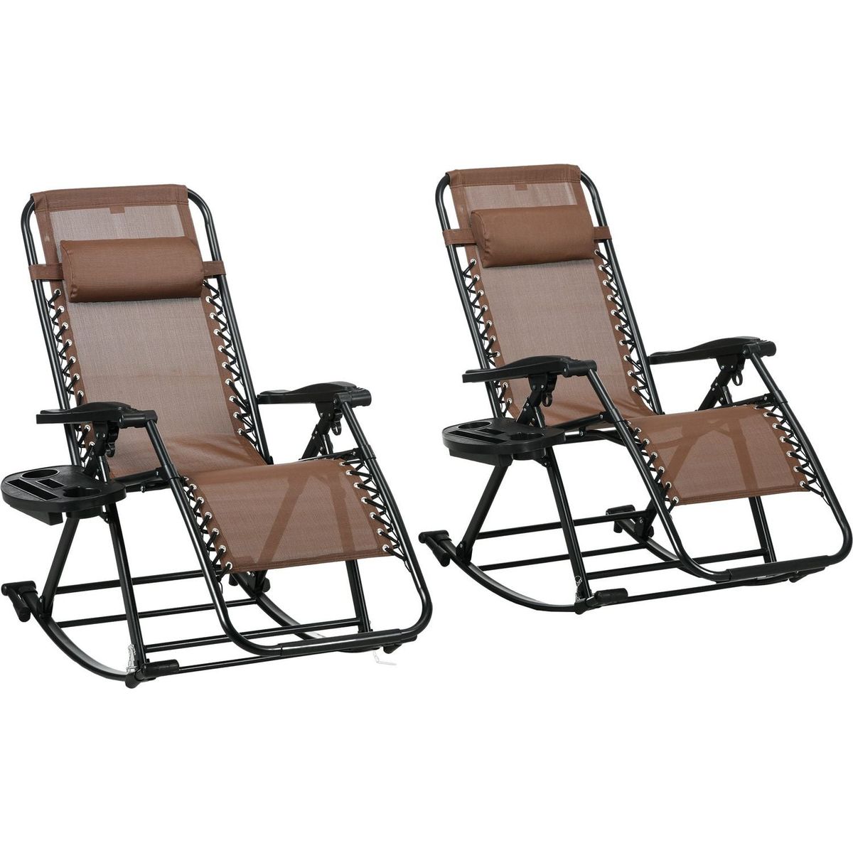 Set of 2 Outdoor Rocking Chairs, Foldable Reclining Zero Gravity Lounge Rocker with Pillow, Cup & Phone Holder, Combo Design with Folding Legs, Brown