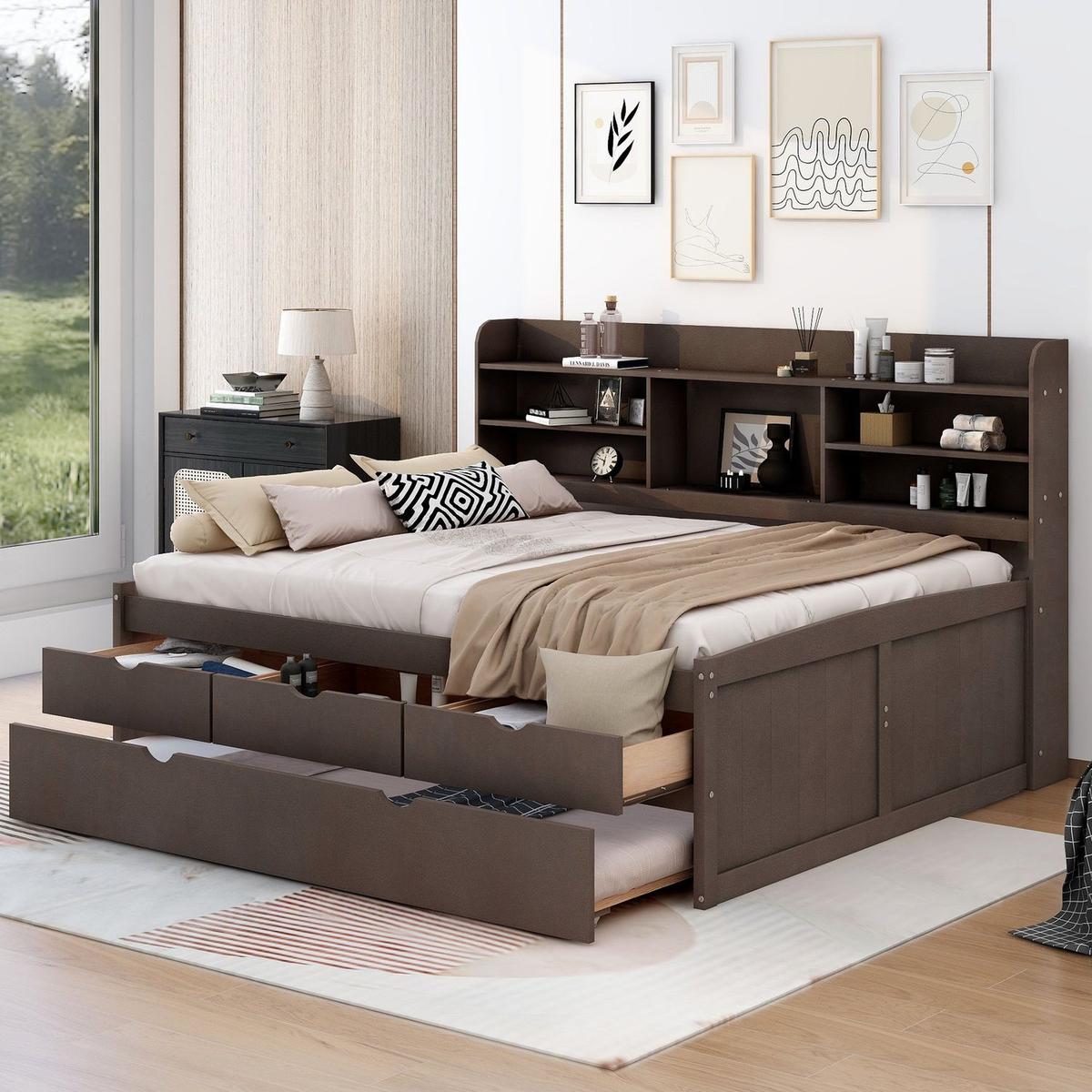 Full Size Wooden Captain Bed with Built-in Bookshelves,Three Storage Drawers and Trundle,Antique Grey - Streamdale Furniture