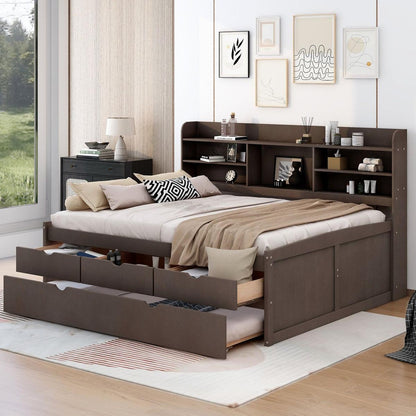 Full Size Wooden Captain Bed with Built-in Bookshelves,Three Storage Drawers and Trundle,Antique Grey - Streamdale Furniture