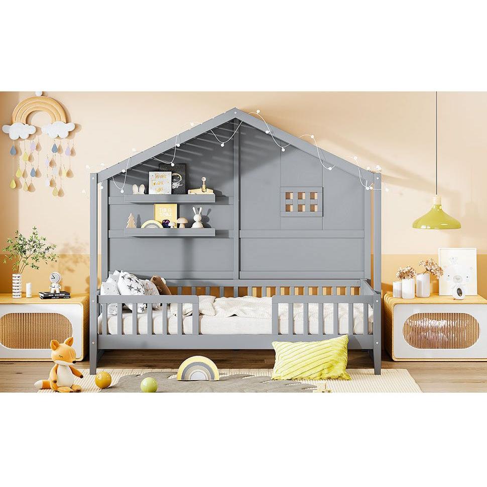 Twin Size House Bed with Shelves, House Bed with Window and Sparkling Light Strip on the Roof, Gray