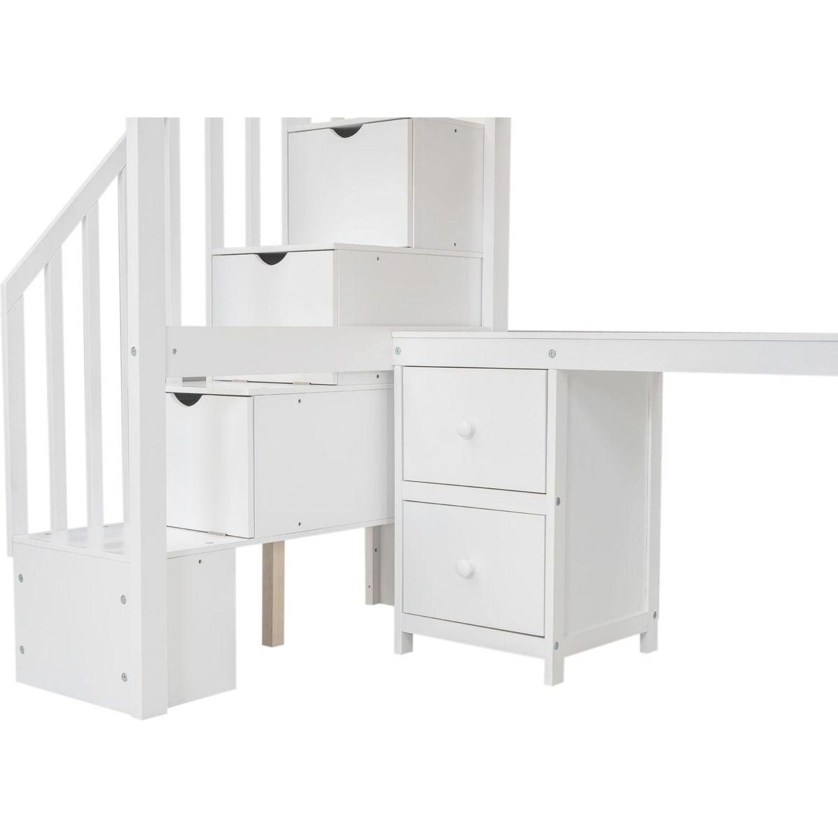 Twin Size Loft Bed Frame with Built-in Desk and Double Storage Drawers,White