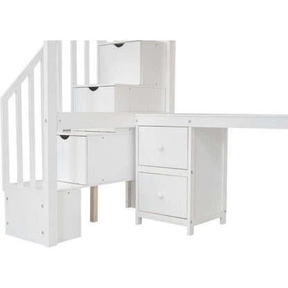 Twin Size Loft Bed Frame with Built-in Desk and Double Storage Drawers,White