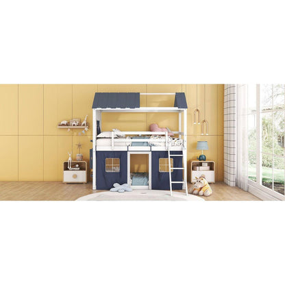 Twin Size Bunk Wood House Bed with Elegant Windows, Sills and Tent, Blue+White