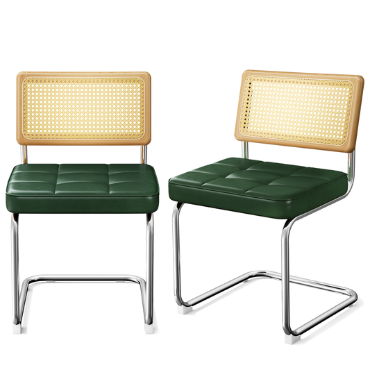 Natural Rattan Dining Chairs Set of 2, Modern Dining Room Chairs with Solid Wood Back for Kitchen Living Room, Mid Century Breuer Design Inspired, Upholstered Faux Leather (Green)