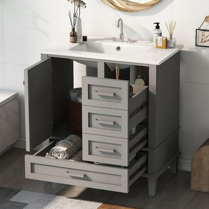 30" Bathroom Vanity, Modern Bathroom Cabinet with Sink Combo Set, Bathroom Storage Cabinet with a Soft Closing Door and 3 Drawers, Solid Wood Frame(Grey)