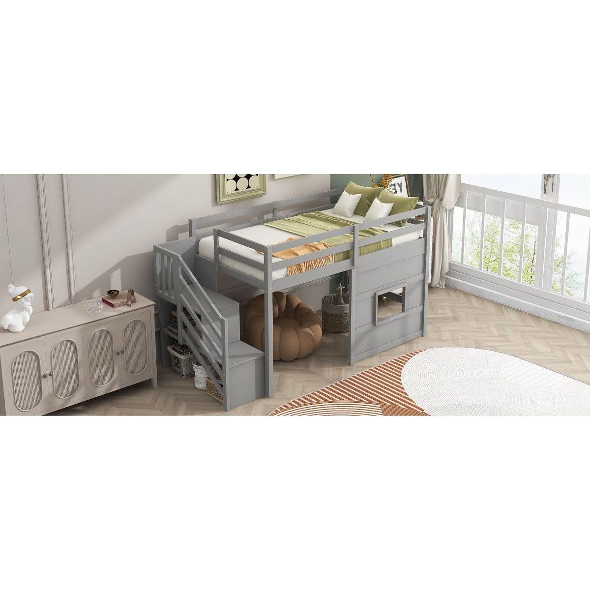 Twin Size Loft Bed with Storage Staircase and Window, Gray