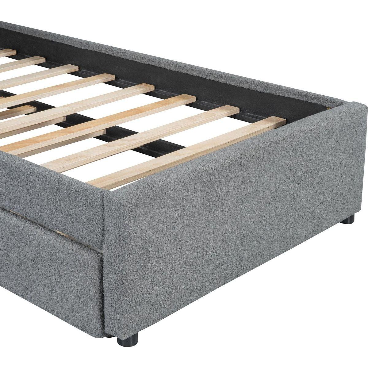 Teddy Fleece Twin Size Upholstered Platform Bed with Trundle, Gray