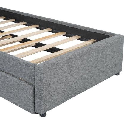 Teddy Fleece Twin Size Upholstered Platform Bed with Trundle, Gray