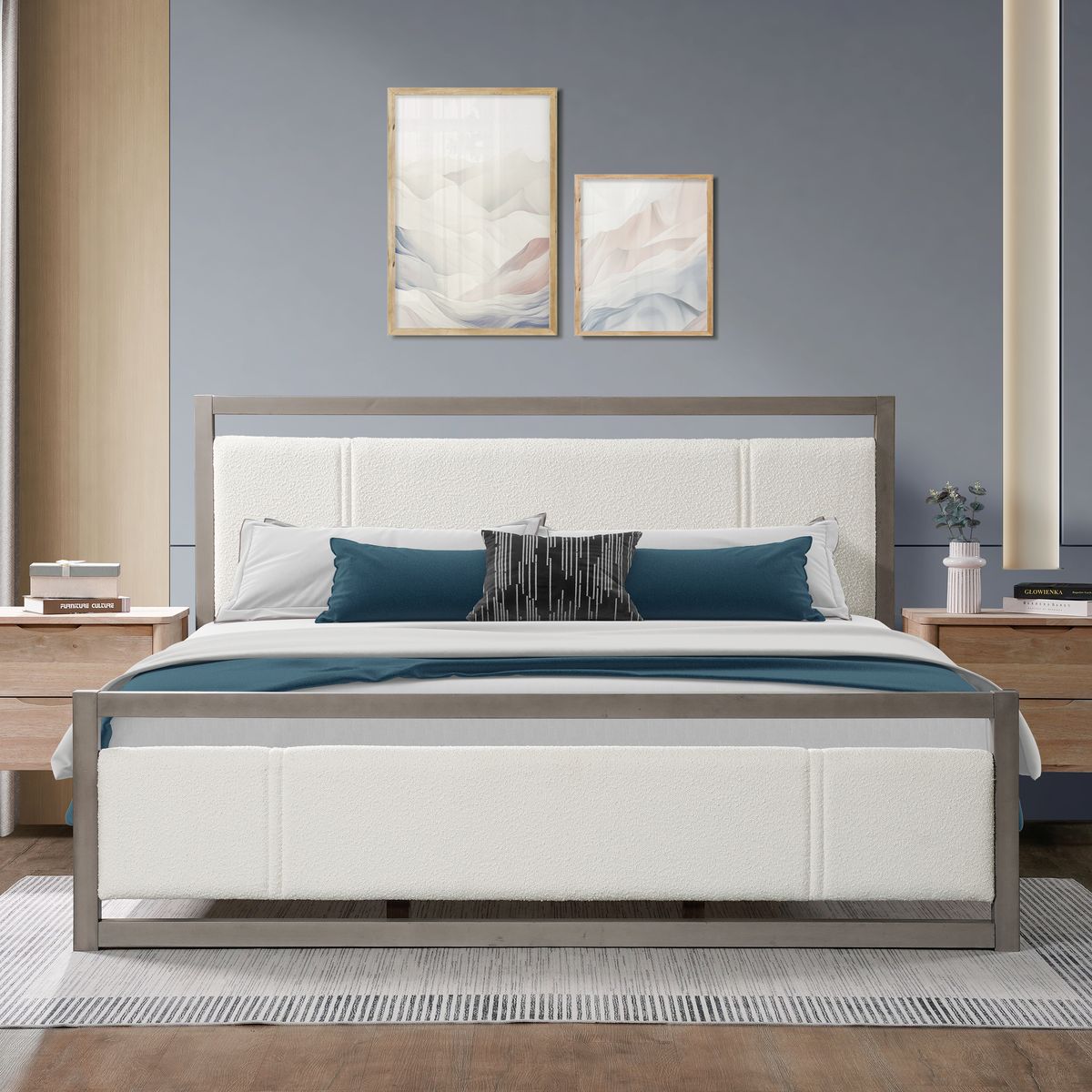 King Bed with Ivory Boucle fabric Headboard, Wood Frame