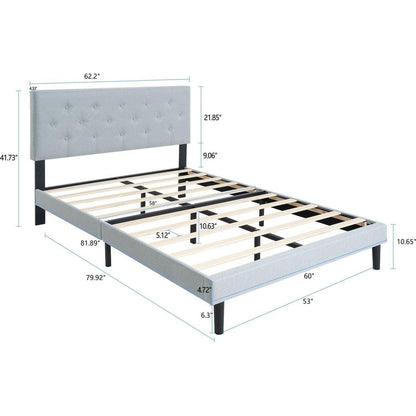 Queen Size Upholstered Platform Bed Frame with Modern Button Tufted Linen Fabric Headboard, No Box Spring Needed, Wood Slat Support, Easy Assembly, Grey
