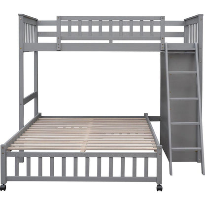 Wooden Twin Over Full Bunk Bed With Six Drawers And Flexible Shelves,Bottom Bed With Wheels,Gray