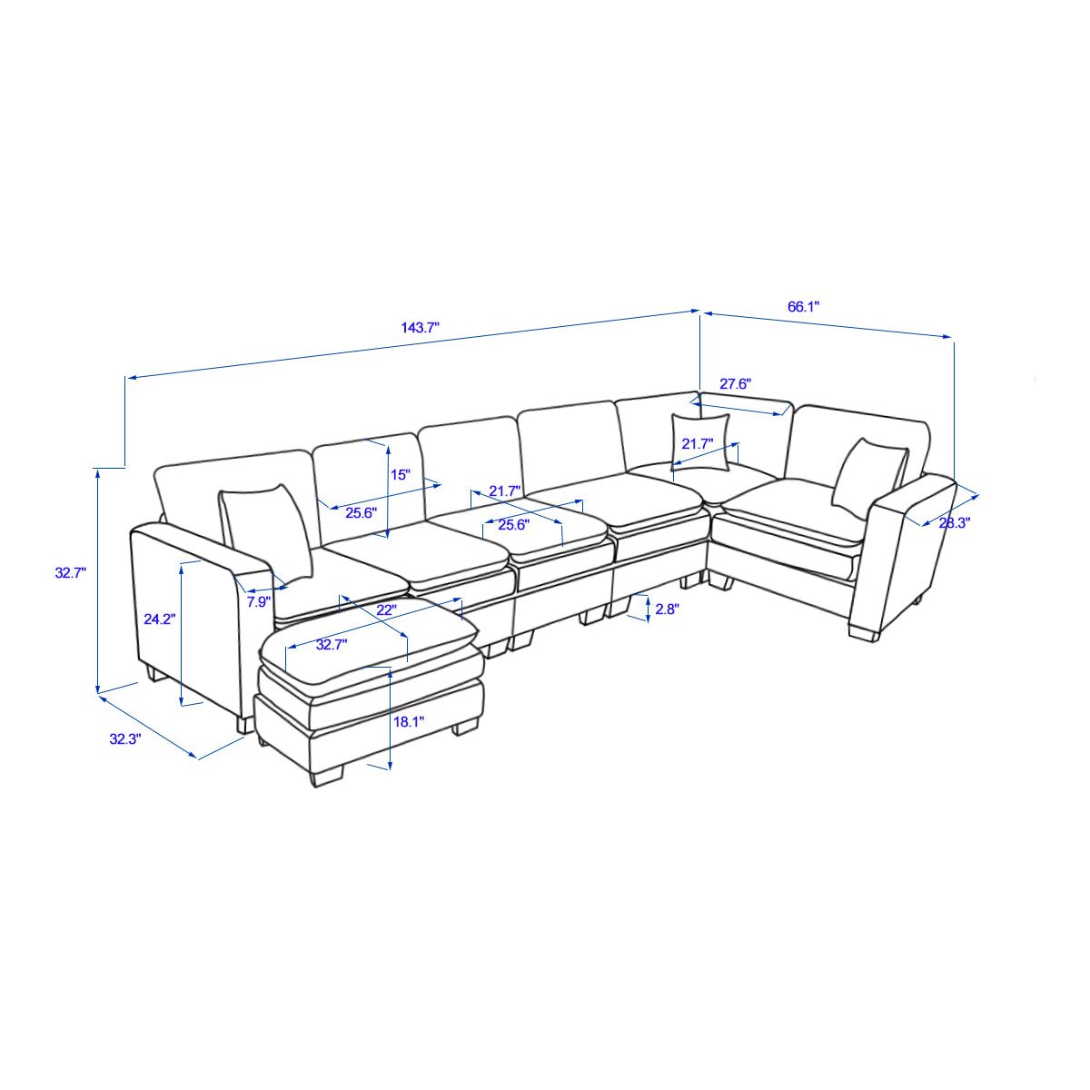 Modern U Shaped 6-seat Sectional Sofa Couch with one Ottoman and three toss pillows, Modular Sofa for Living Room,Corduroy sofa