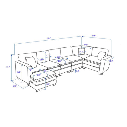 Modern U Shaped 6-seat Sectional Sofa Couch with one Ottoman and three toss pillows, Modular Sofa for Living Room,Corduroy sofa