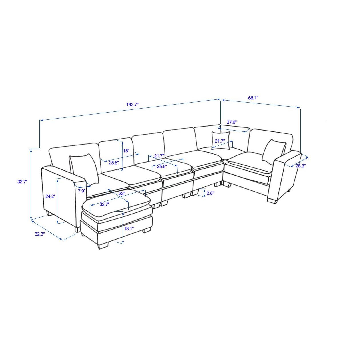 Modern U Shaped 6-seat Sectional Sofa Couch with one Ottoman and three toss pillows, Modular Sofa for Living Room,Corduroy sofa