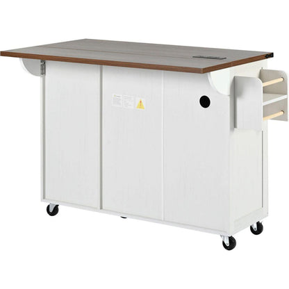 54.5" Farmhouse Kitchen Island with Power Outlet, Kitchen Storage Island with Internal Storage Rack, Drop Leaf, Spice Rack, Rolling Kitchen Cart on Wheels, for Home, Kitchen and Dining Room,White