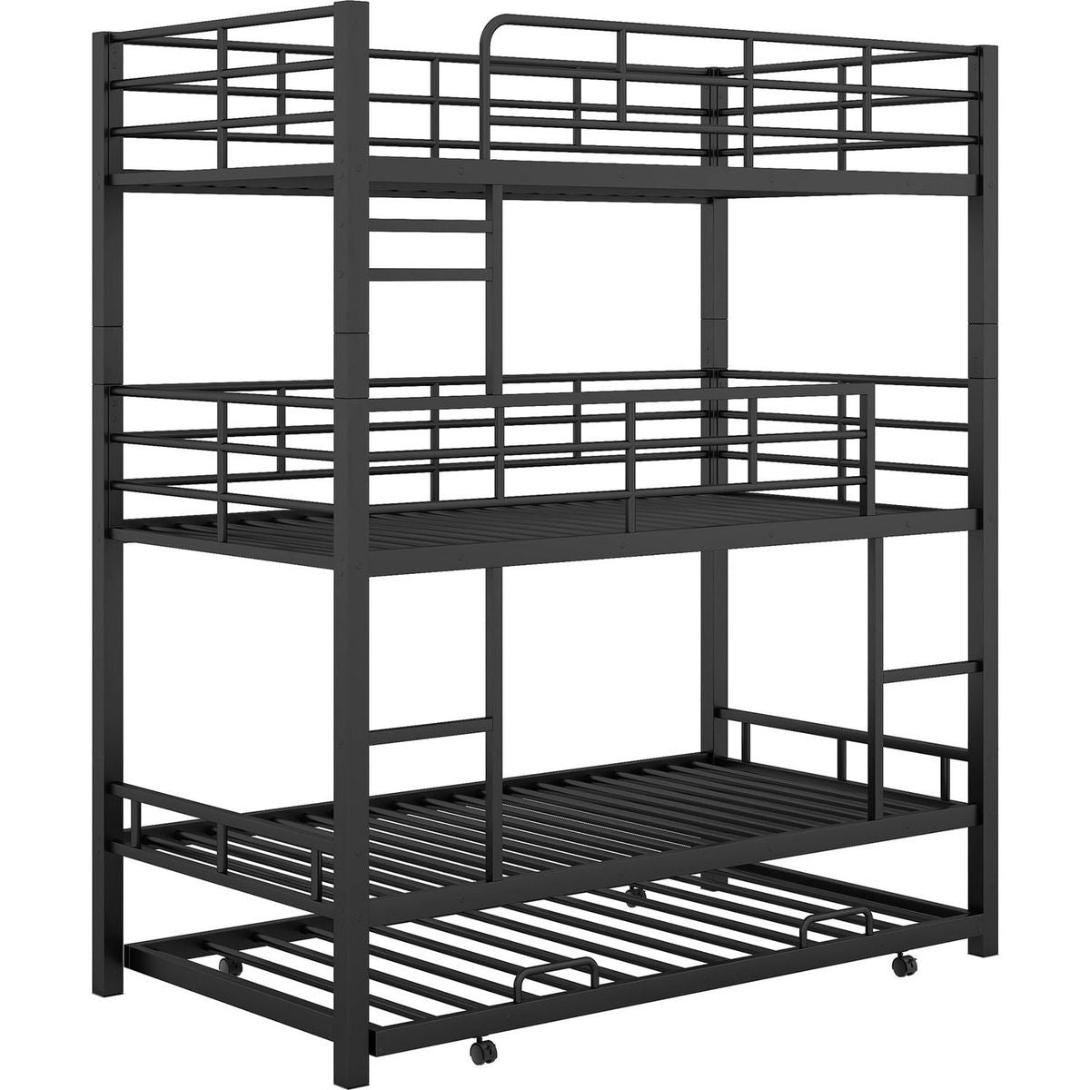Metal Twin Size Triple Bunk Bed With Trundle, Black