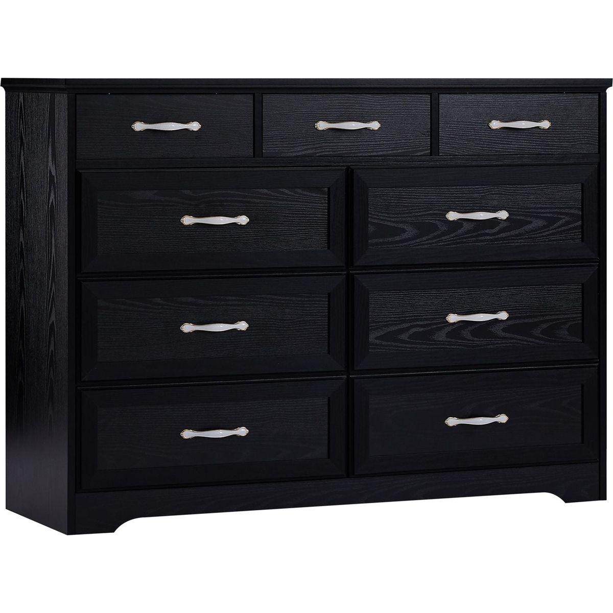 Bedroom dresser, 9 drawer long dresser with antique handles, wood chest of drawers for kids room, living room, entry and hallway, Black, 47.56"W x 15.75"D x 34.45"H.