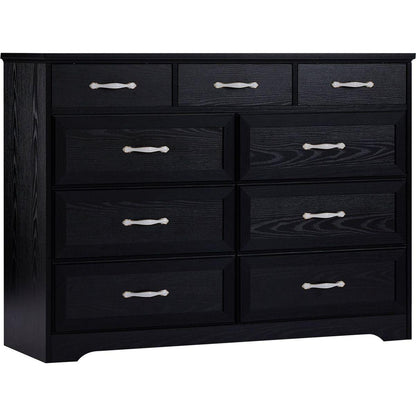Bedroom dresser, 9 drawer long dresser with antique handles, wood chest of drawers for kids room, living room, entry and hallway, Black, 47.56"W x 15.75"D x 34.45"H.