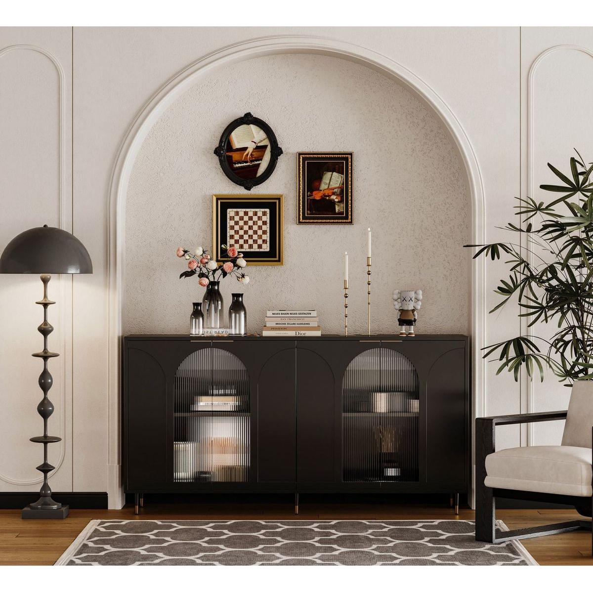 Accent Cabinet Black Lacquered Wooden Cabinet with 4 Glass Doors Sideboard Buffet Server Cabinet Storage Cabinet, for Living Room, Entryway, Hallway, Office, Kitchen and Dining Room
