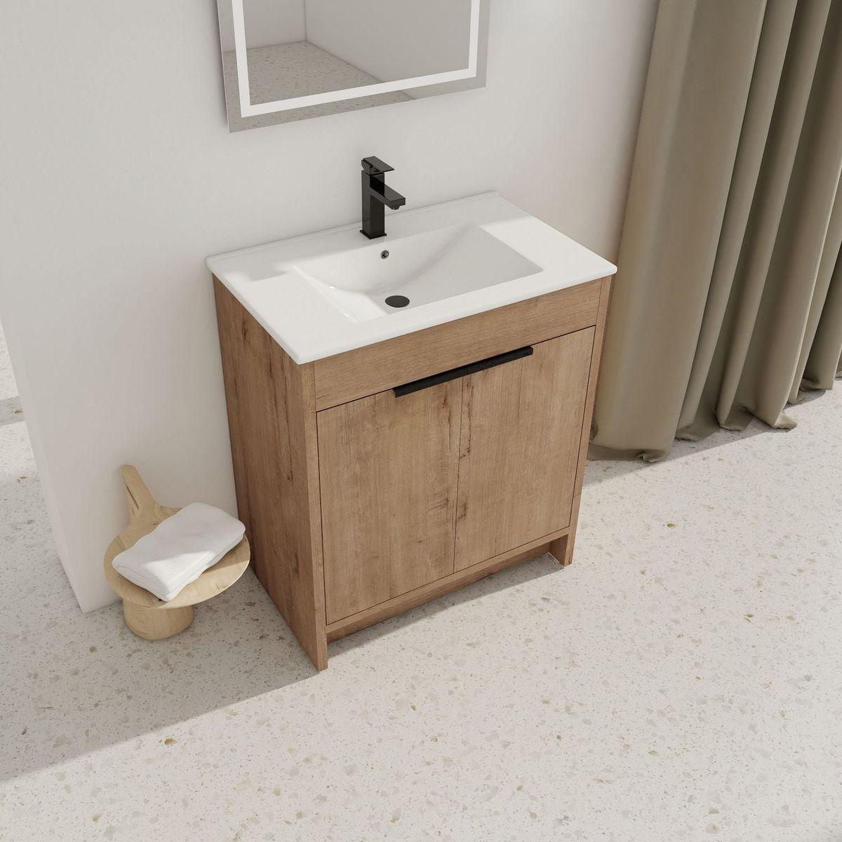 30" Freestanding Bathroom Vanity with White Ceramic Sink & 2 Soft-Close Cabinet Doors ((KD-PACKING),BVB02430IMO-