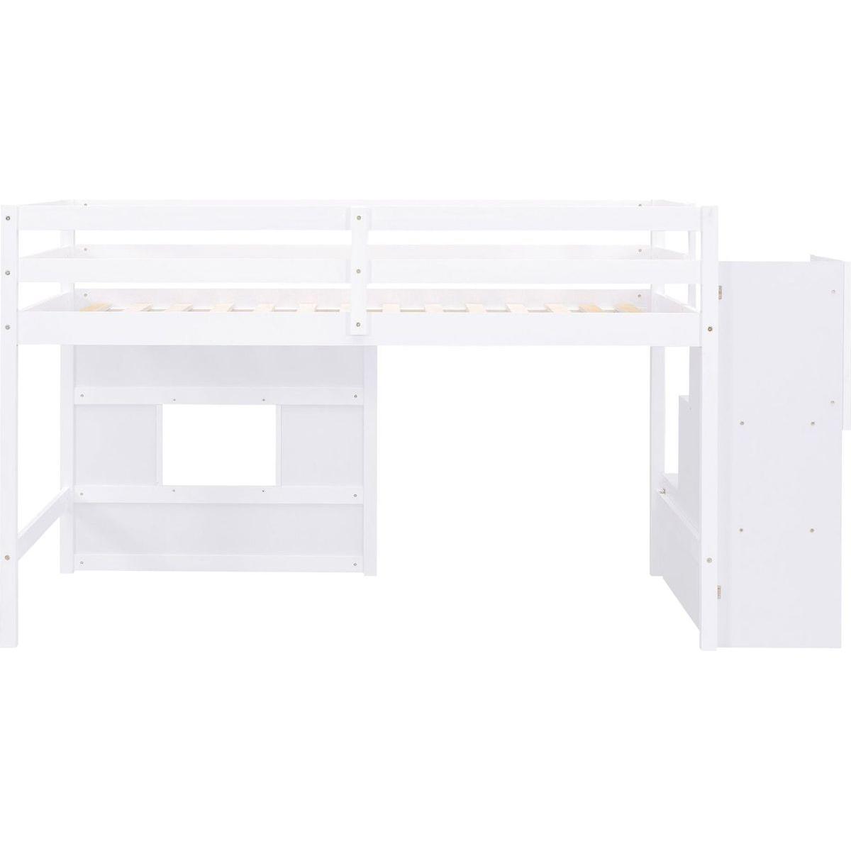 Twin Size Loft Bed with Storage Staircase and Window, White
