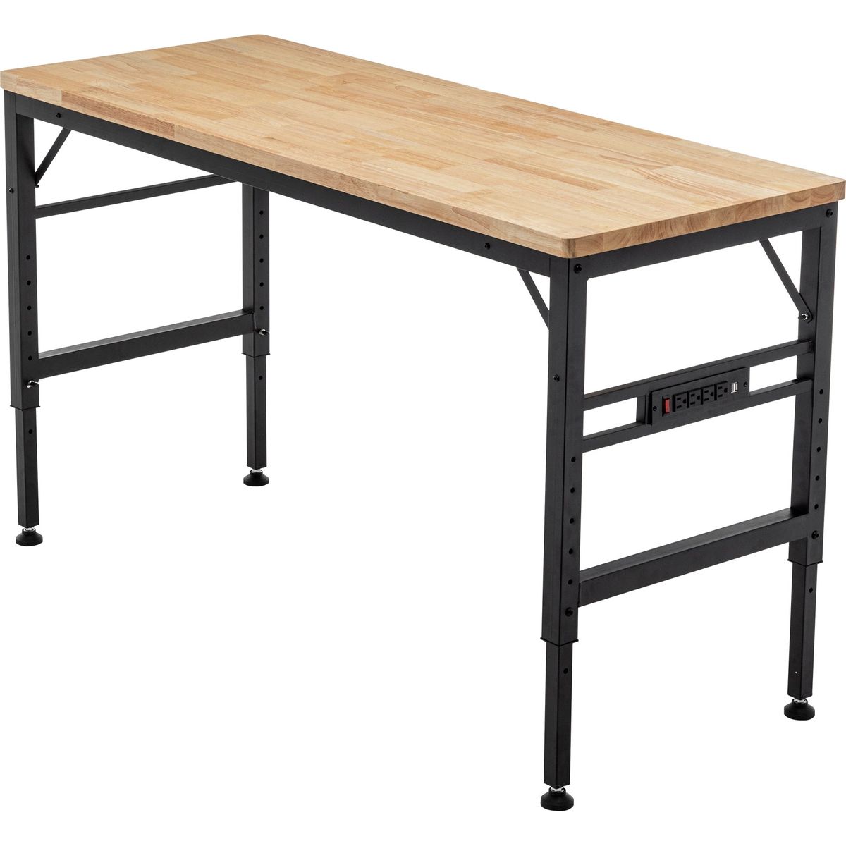 Adjustable Height Workbench, 60' Rubber Wood Top Heavy duty Workstation with Power Outlets, 2000 LBS Load Capacity Hardwood Worktable for Workshop, Garage, Office, Home, Commercial