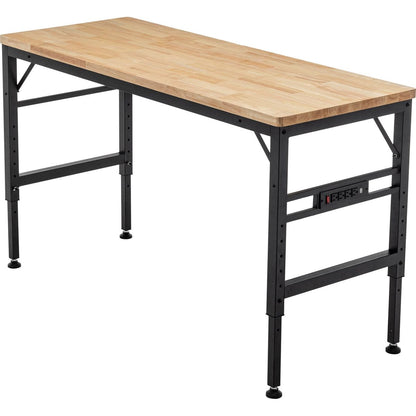 Adjustable Height Workbench, 60' Rubber Wood Top Heavy duty Workstation with Power Outlets, 2000 LBS Load Capacity Hardwood Worktable for Workshop, Garage, Office, Home, Commercial