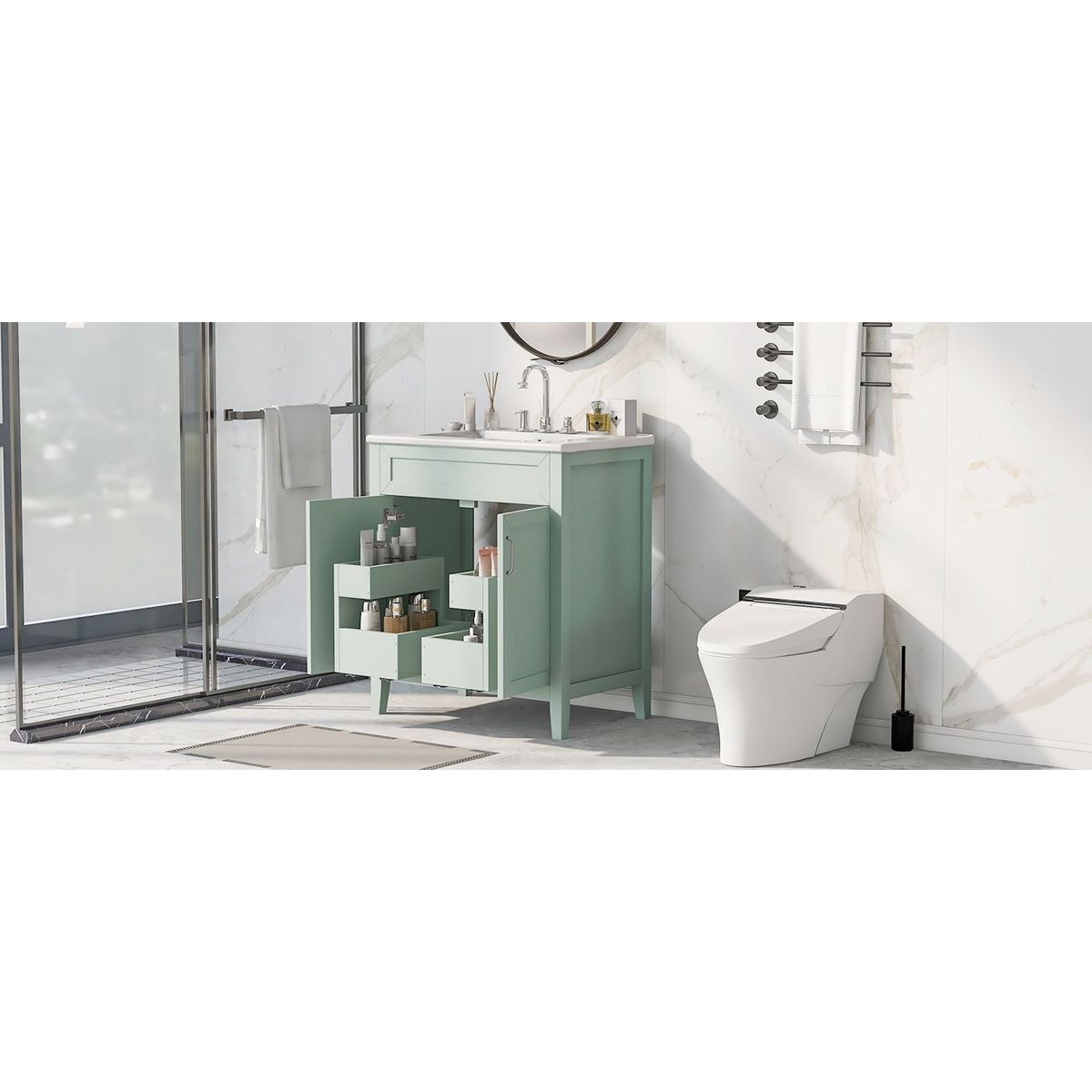 30" Bathroom Vanity with Sink, Multi-functional Bathroom Cabinet with Doors and Drawers, Solid Frame and MDF Board, Green