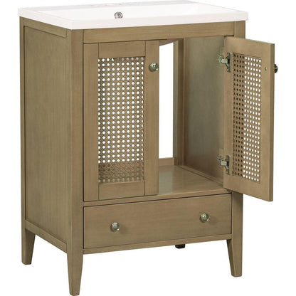 24" Bathroom Vanity with Ceramic Basin, Rattan Bathroom Storage Cabinet with Two Doors and Drawer, Solid Frame, Natural