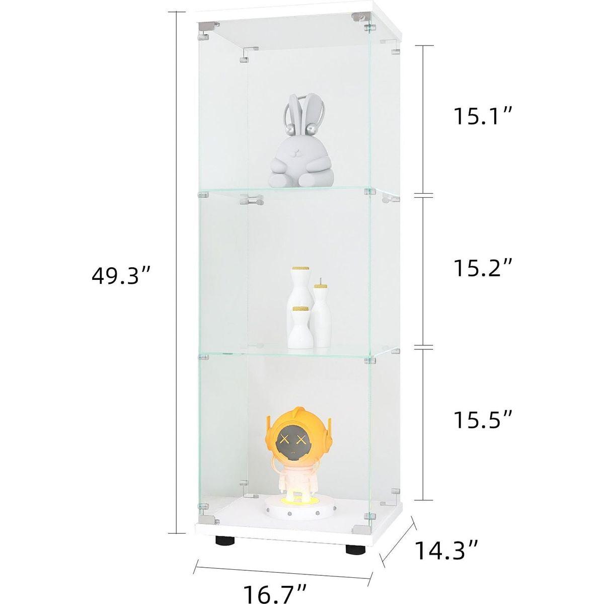 Glass Display Cabinet with 3 Shelves, One-Door Curio Cabinets for Living Room, Bedroom, Office, White Floor Standing Glass Bookshelf, Quick Installation