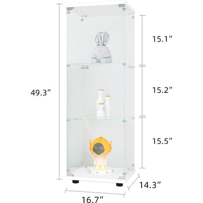 Glass Display Cabinet with 3 Shelves, One-Door Curio Cabinets for Living Room, Bedroom, Office, White Floor Standing Glass Bookshelf, Quick Installation