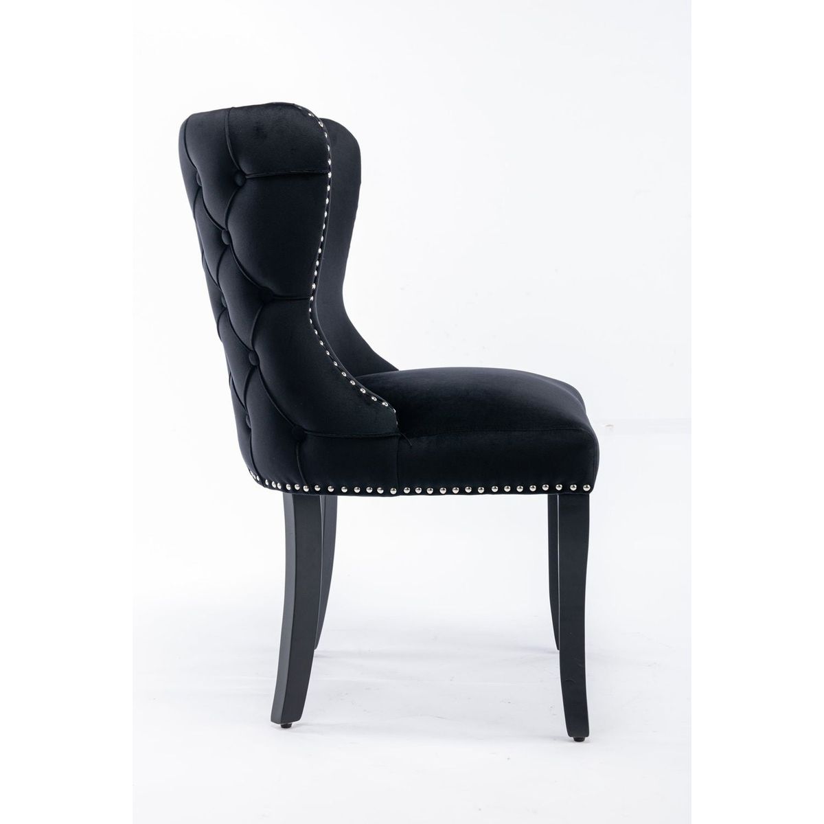 Set of 2 Black Velvet upholstered wing-back dining chair with backstitching nailhead trim and solid wood legs