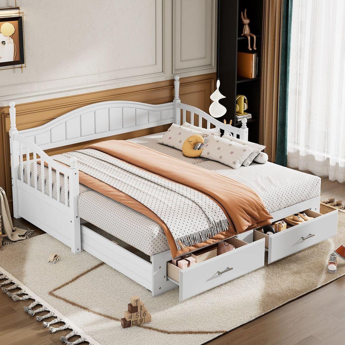 Wooden Twin Size Daybed with Twin Size Trundle, Extendable Daybed with Two Storage Drawers,White