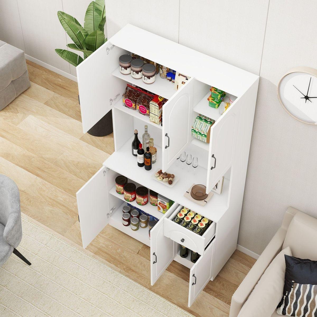 71" Kitchen Pantry Storage Cabinet with Microwave Oven Countertop, Freestanding Hutch Cabinet with Adjustable Shelves, 6 Doors and 1 Drawer-White