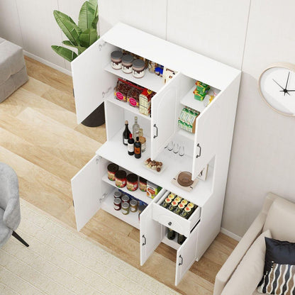 71" Kitchen Pantry Storage Cabinet with Microwave Oven Countertop, Freestanding Hutch Cabinet with Adjustable Shelves, 6 Doors and 1 Drawer-White
