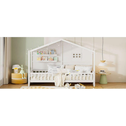 Twin Size House Bed with Shelves, House Bed with Window and Sparkling Light Strip on the Roof, White