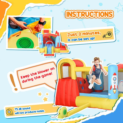 Kids Inflatable Water Slide, 4-in-1 Bounce House Jumping Castle with 2 Slides, Climbing Wall, Trampoline, & Water Pool Area, Air Blower