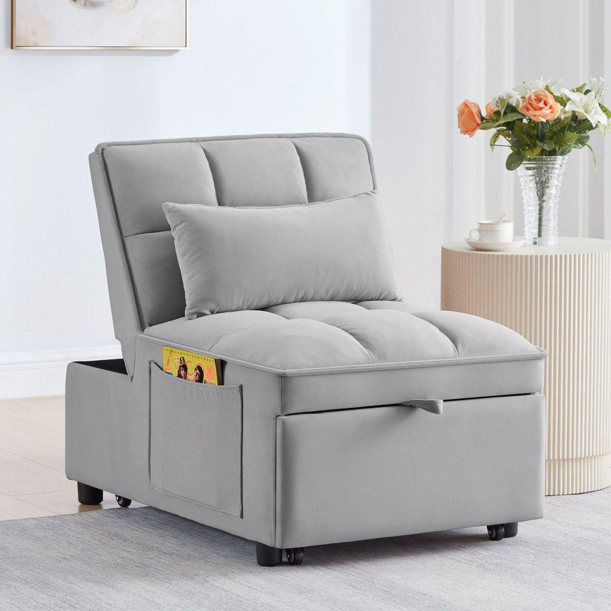 4 in1 Multi-Function Single Sofa Bed with Storage Pockets,Tufted Single Pull-out Sofa Bed with Adjustable Backrest and Pillows, Convertible Chaise Lounge,Gray