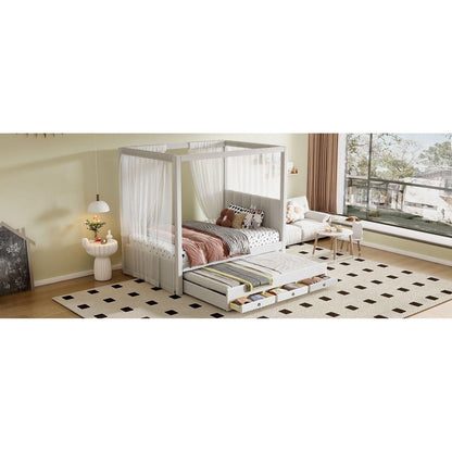 Twin Size Upholstery Canopy Platform Bed with Trundle and Three Storage Drawers, Beige