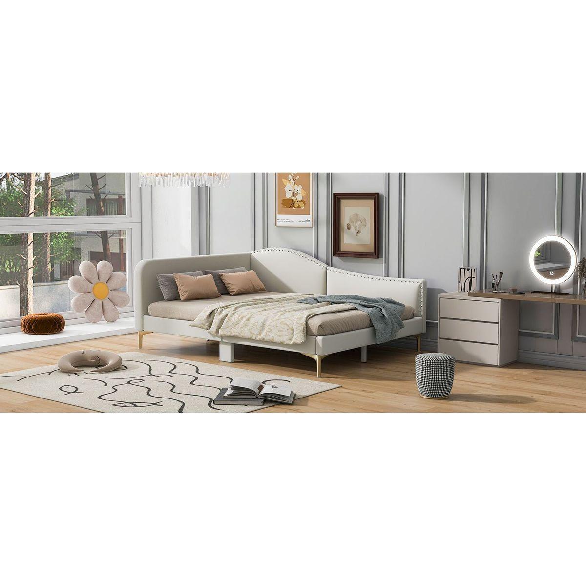 Full Size Upholstered Daybed with Headboard and Armrest, Support Legs, Beige